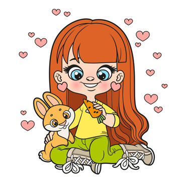 Cute cartoon long haired girl feeding the orange rabbit carrots color variation for coloring page on white background