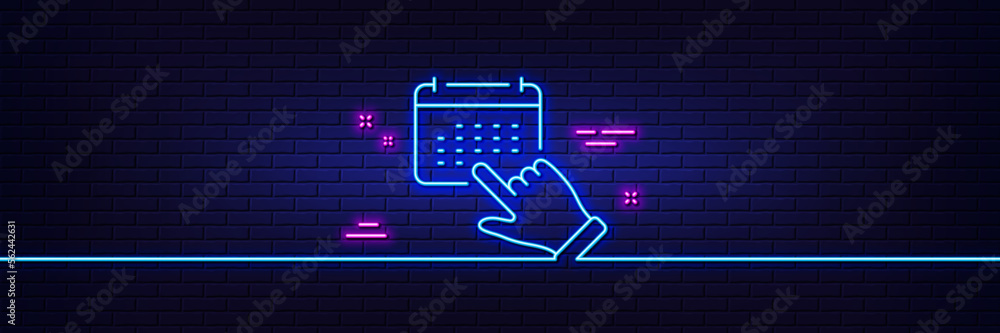 Poster neon light glow effect. event click line icon. schedule planner sign. select calendar month symbol. 