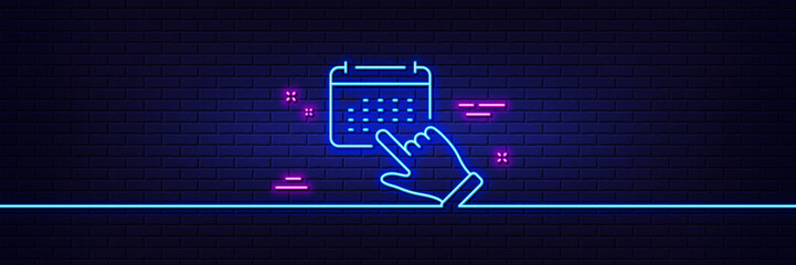 Neon light glow effect. Event click line icon. Schedule planner sign. Select calendar month symbol. 3d line neon glow icon. Brick wall banner. Event click outline. Vector
