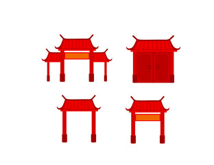 Chinese door entrance.Traditional gate building with red roof.Lunar new year.Temple concept.Pagoda building.Japanese house.Chinatown.Sign, symbol, icon or logo isolated.Cartoon vector illustration.