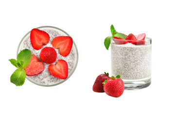 Chia pudding with strawberry and mint on a white background. Space for text or design.