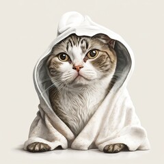 Funny illustration of moody cat wearing bathrobe. White background. Generative AI