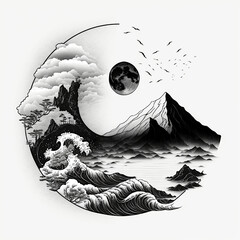 Yin yang design with mountains and sea or ocean. Concept of duality. Sketch line, black and white. Tattoo or logo project. Ai llustration, fantasy digital painting , artificial intelligence artwork
