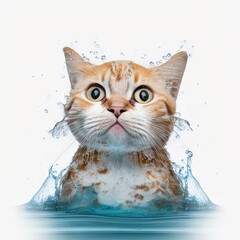 Funny illustration of surprised cat swimming, splashes of water around. White background. Generative AI