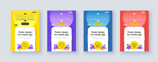 Simple set of Inventory report, Falling star and Heart line icons. Poster offer design with phone interface mockup. Include Online voting icons. For web, application. Vector