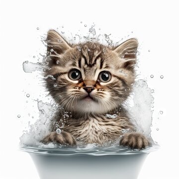 Funny Illustration Of Surprised Cat Swimming, Splashes Of Water Around. White Background. Generative AI