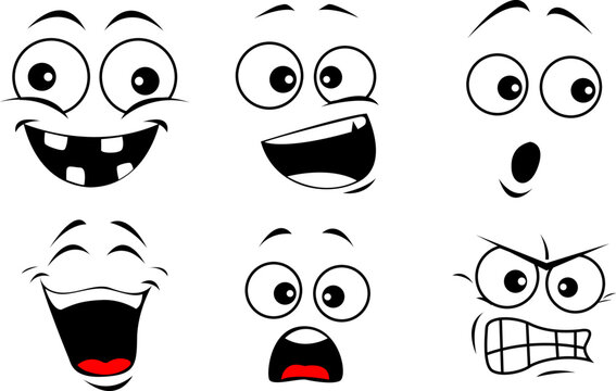 Face expression isolated vector icons, funny cartoon boring, crying and thoughtful, teeth, angry, laughing and sad. Facial feelings upset, happy and show tongue cute faces
