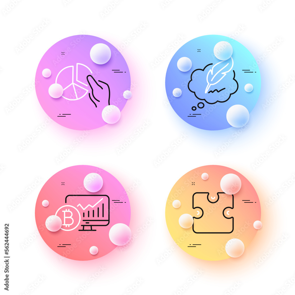 Poster pie chart, copyright chat and bitcoin chart minimal line icons. 3d spheres or balls buttons. puzzle 