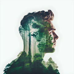 Man Face Forest. Generative AI. Natural Tree and Green Theme. Nature Double Exposure Effect. © trezen