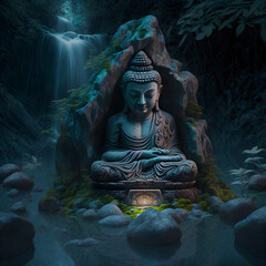 Fototapeta premium Stone Buddha Statue Water Jungle. Generative AI. Buddhism Religion Illustration. Nature and Faith. Asian Oriental Way of Lifestyle.