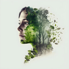 Woman Forest Plant. Generative AI. Natural Tree and Green Theme. Nature Double Exposure Effect. © trezen