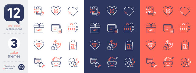 Set of Puzzle, Christmas holly and Ice cream line icons. Include Heart, Flight destination, Event click icons. Account, Say yes, Sale offer web elements. Kiss me, Holidays shopping, Sleep. Vector