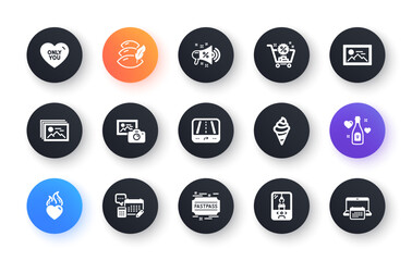 Minimal set of Photo camera, Love champagne and Account flat icons for web development. Crane claw machine, Gps, Pillow icons. Fastpass, Image gallery, Only you web elements. Vector