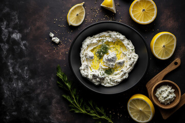 Top view of a gray bowl holding a whipped feta cheese dip with garlic and lemon. Greek food concept. Generative AI - obrazy, fototapety, plakaty