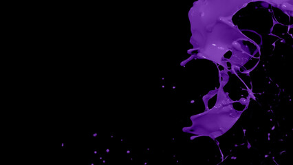 Purple liquid splashes, swirl and waves with scatter drops. Royalty high-quality free stock of paint, oil or ink splashing dynamic motion, design elements for advertising isolated on black background