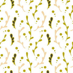 Delicate twigs and dots of green and beige color. Seamless vector image.