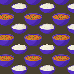 Seamless pattern with tom yam and rice. Illustration of Asian food