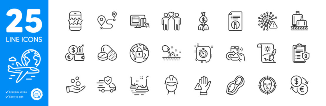 Outline icons set. Currency rate, Manager and Share call icons. Peanut, Covid virus, Journey web elements. Medical drugs, Face detect, Currency exchange signs. Privacy policy, Foreman. Vector
