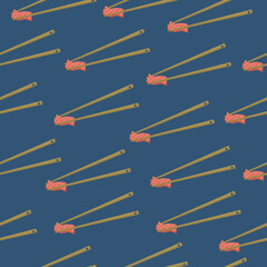 Seamless pattern with chopsticks with salmon. Asian food illustration