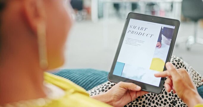 Tablet, website and woman scroll screen for smart product, business information or brand company service. Online dashboard tech, ux web design and e commerce girl reading about us info on digital ui