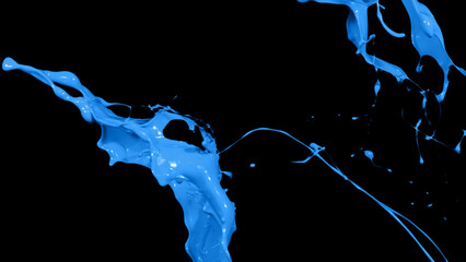 Blue liquid splashes, swirl and waves with scatter drops. Royalty high-quality free stock of paint, oil or ink splashing dynamic motion, design elements for advertising isolated on black background