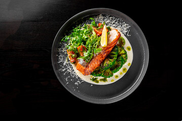 Fried salmon with creamy sauce, broccoli and salad
