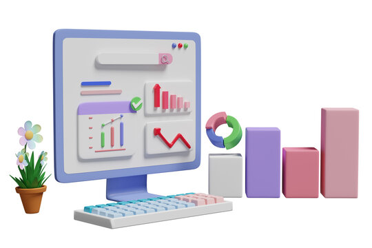 3d financial report charts and graph on laptop computer screen with search bar isolated. Online marketing, business strategy, data analysis, concept, 3d render illustration