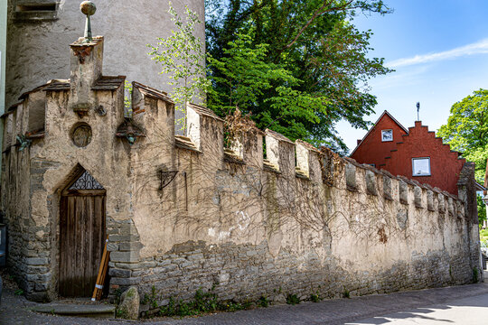 Big walls of an old castle ruin with tower