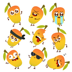 Cute Cartoon Emotional Mango character stickers on white background