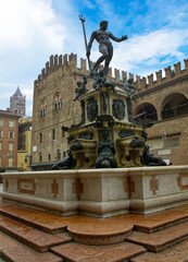 Statue of Neptune with trident. Fountain of Neptune in Bologna. Italy.