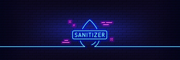 Neon light glow effect. Hand sanitizer line icon. Sanitary cleaning sign. Washing hands symbol. 3d line neon glow icon. Brick wall banner. Hand sanitizer outline. Vector