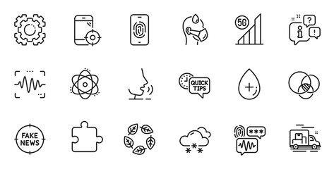 Outline set of Quick tips, Fake news and Organic tested line icons for web application. Talk, information, delivery truck outline icon. Include Voice wave, Atom, Puzzle icons. Vector