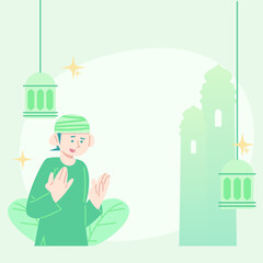 cute flat illustration eid mubarak greeting. flat illustration about fasting. cute illustration of breaking fast. cute flat illustration ramadan.