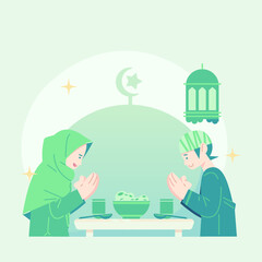 cute flat illustration eid mubarak greeting. flat illustration about fasting. cute illustration of breaking fast. cute flat illustration ramadan.