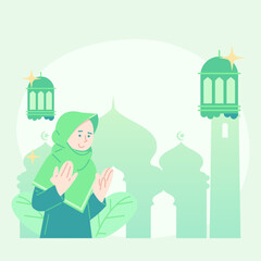 Obraz na płótnie Canvas cute flat illustration eid mubarak greeting. flat illustration about fasting. cute illustration of breaking fast. cute flat illustration ramadan.