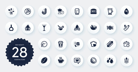 Set of Food and drink icons, such as Chef, Burger and Takeaway coffee flat icons. Hotdog, Water cooler, Coffee beans web elements. Ice cream, Candy, Cognac bottle signs. Hot water, Latte. Vector
