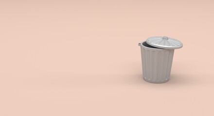 aluminum trash can on plain background (3d illustration)