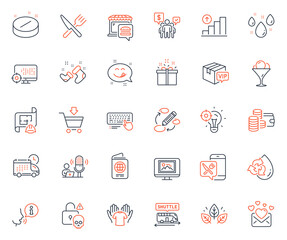 Business icons set. Included icon as Organic tested, Wallet and Ice cream web elements. Yummy smile, Food, Love mail icons. Computer keyboard, Hold t-shirt, Santa boots web signs. Vector