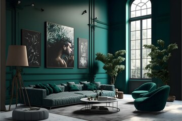 a modern living room in a minimalist millenium crib, high ceiling and filled with This midnight green color as the wall blend in with the design of the furniture.