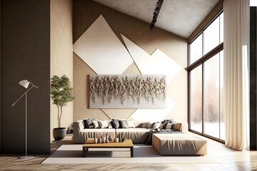 A modern hotel room, in a minimalist millenium crib, high ceiling and filled with warm earth and khaki colour as the wall blend in with the design of the furniture.
