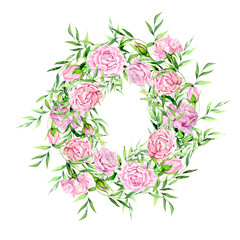 Watercolor illustration of a wreath of pink roses