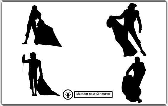 isolated silhouette of matador and bull , black and white drawing, white background