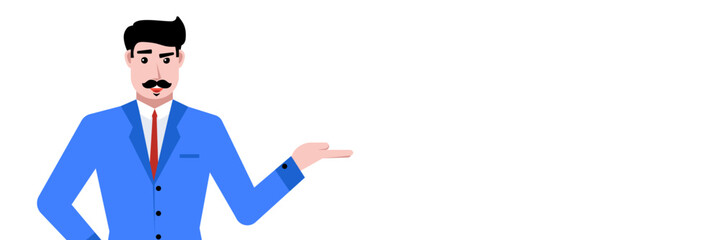 Businessman in blue suit standing, showing gesture with hand isolated over white background. Presentation, ad. Concept of business, career, innovations