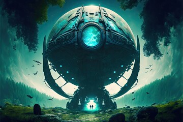 massive alien like spaceship with huge landing struts sitting in an alien forest. Generative AI