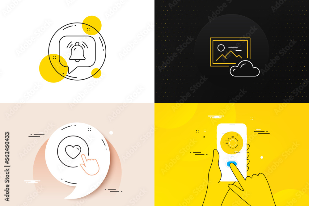 Poster Minimal set of Notification bubble, Fast recovery and Like button line icons. Phone screen, Quote banners. Photo cloud icons. For web development. Bell, Backup timer, Press love. Image hub. Vector