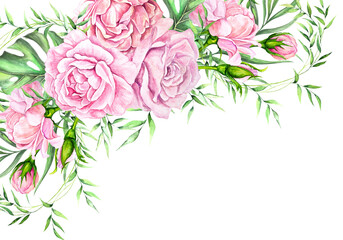  watercolor illustration composition banner bouquet of pink roses with green tropical leaves isolated on white background