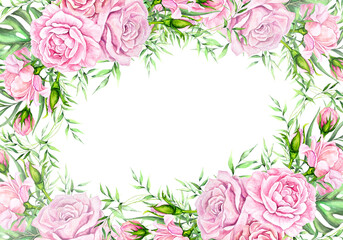 watercolor illustration composition frame banner of pink roses with green tropical leaves isolated on white background