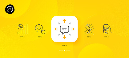 Fototapeta na wymiar 5g wifi, Bitcoin project and Sms minimal line icons. Yellow abstract background. Like button, Award app icons. For web, application, printing. Vector