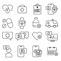 Medical care and health care outline symbol collection on isolated background. healthy lifestyle concept. vector illustration.