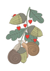 Graphic holiday illustration with two snails in love, oak branch and hearts